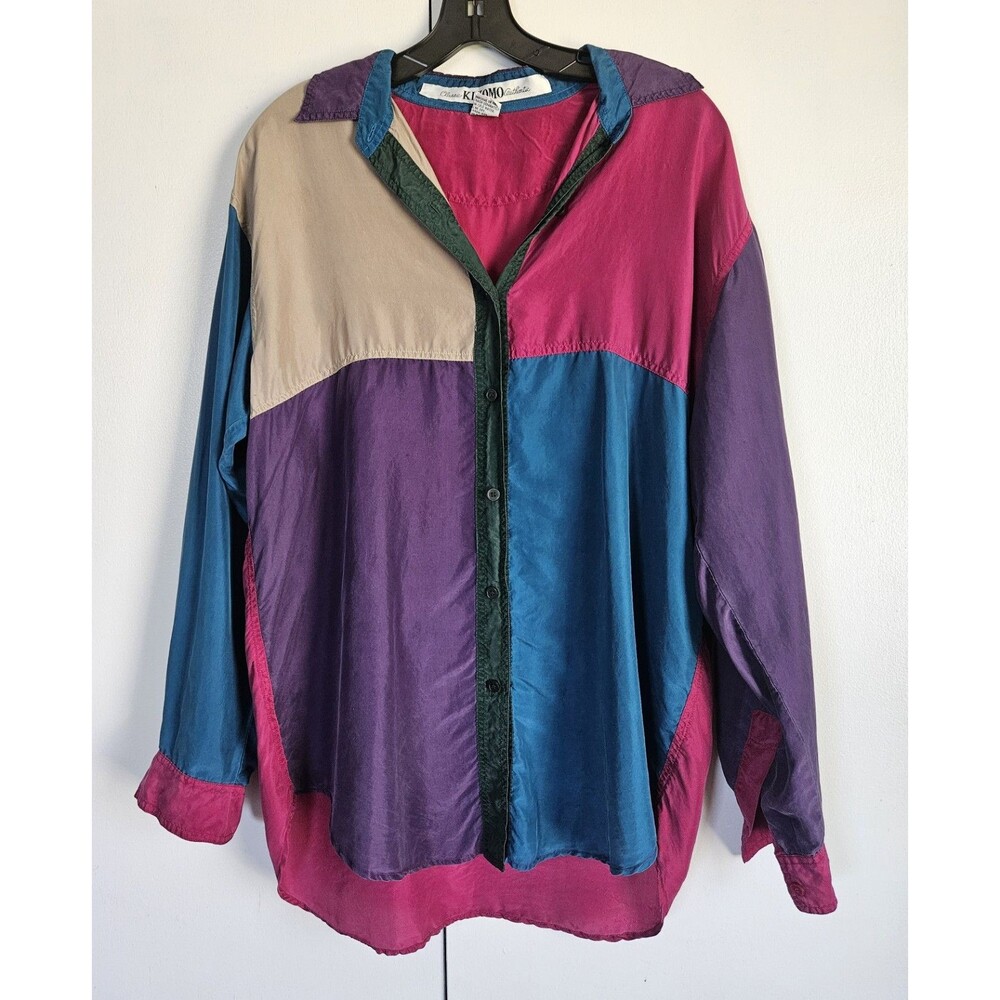 Vintage 90s KIKOMO Silk Colorblock Shirt Womens M Retro Button Up